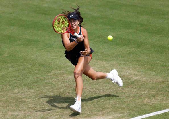 RECORD DATE NOT STATED 26th June 2026; Devonshire Park Lawn Tennis Club, Eastbourne, East Sussex, England; Lexus Eastbourne Open Tennis, Day Six; Petra Marcinko (CRO) plays a forehand shot against Madison Keys (USA) in the Womens semi-finals match HongboxChen