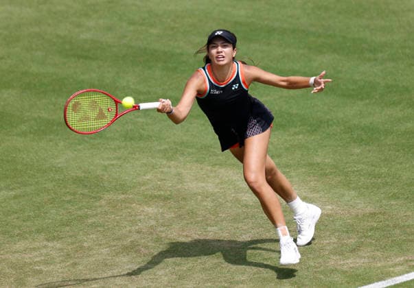 RECORD DATE NOT STATED 26th June 2026; Devonshire Park Lawn Tennis Club, Eastbourne, East Sussex, England; Lexus Eastbourne Open Tennis, Day Six; Petra Marcinko (CRO) plays a forehand shot against Madison Keys (USA) in the Womens semi-finals match HongboxChen