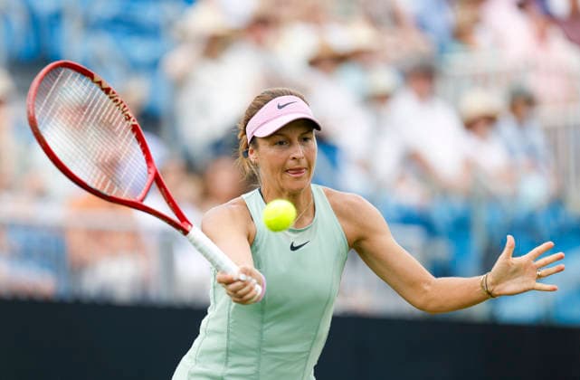 RECORD DATE NOT STATED 26th June 2026; Devonshire Park Lawn Tennis Club, Eastbourne, East Sussex, England; Lexus Eastbourne Open Tennis, Day Six; Tatjana Maria (GER) plays a forehand shot against Jelena Ostapenko (LAT) in the Women Semi-Final match HongboxChen