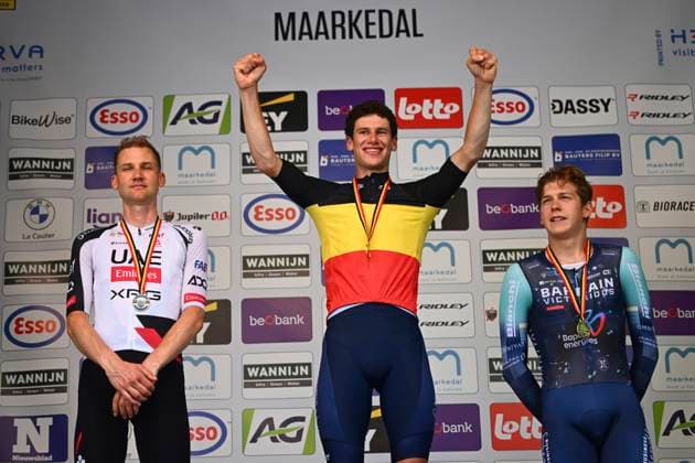 Belgian 2026 National Championship Maarkedal 26 06 2026 MAARKEDAL, BELGIUM - JUNE 26 : Wellens Tim of Uae Team Emirates Xrg, Segaert Alec of Bahrain Victorious and Van Mechelen Vlad of Bahrain Victorious pictured during the podium ceremony of the Men Elite Individual Time Trial of the 2026 Belgian National Championships 00st edition an UCI National Championships cycling race of 40 km with start in Maarkedal and finish in Maarkedal on June 26, 2026 in Maarkedal, Belgium, 26 06 2026 Maarkedal Belgium  Copyright: xVincentxKalutx