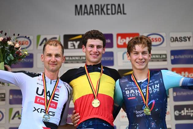 Belgian 2026 National Championship Maarkedal 26 06 2026 MAARKEDAL, BELGIUM - JUNE 26 : Wellens Tim of Uae Team Emirates Xrg, Segaert Alec of Bahrain Victorious and Van Mechelen Vlad of Bahrain Victorious pictured during the podium ceremony of the Men Elite Individual Time Trial of the 2026 Belgian National Championships 00st edition an UCI National Championships cycling race of 40 km with start in Maarkedal and finish in Maarkedal on June 26, 2026 in Maarkedal, Belgium, 26 06 2026 Maarkedal Belgium  Copyright: xVincentxKalutx