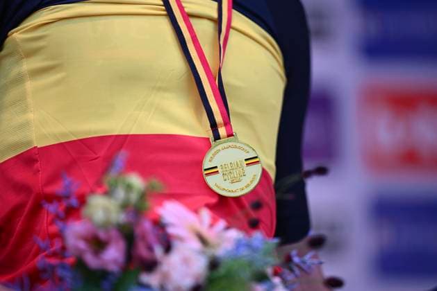 Belgian 2026 National Championship Maarkedal 26 06 2026 MAARKEDAL, BELGIUM - JUNE 26 : Belgian champion medal of Segaert Alec of Bahrain Victorious pictured during the podium ceremony of the Men Elite Individual Time Trial of the 2026 Belgian National Championships 00st edition an UCI National Championships cycling race of 40 km with start in Maarkedal and finish in Maarkedal on June 26, 2026 in Maarkedal, Belgium, 26 06 2026 Maarkedal Belgium  Copyright: xVincentxKalutx