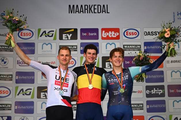 Belgian 2026 National Championship Maarkedal 26 06 2026 MAARKEDAL, BELGIUM - JUNE 26 : Wellens Tim of Uae Team Emirates Xrg, Segaert Alec of Bahrain Victorious and Van Mechelen Vlad of Bahrain Victorious pictured during the podium ceremony of the Men Elite Individual Time Trial of the 2026 Belgian National Championships 00st edition an UCI National Championships cycling race of 40 km with start in Maarkedal and finish in Maarkedal on June 26, 2026 in Maarkedal, Belgium, 26 06 2026 Maarkedal Belgium  Copyright: xVincentxKalutx