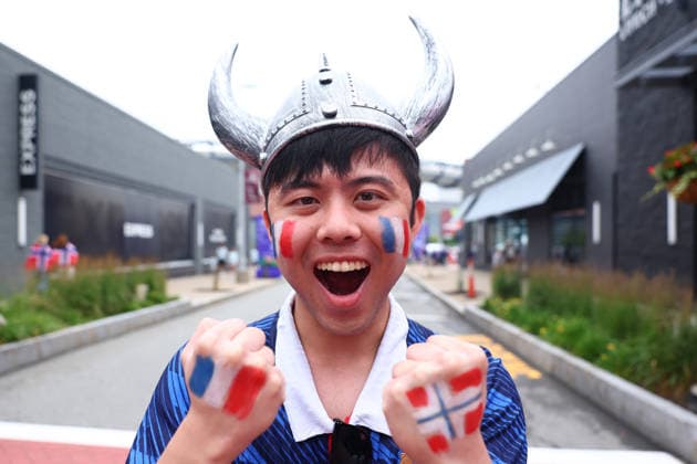 Foxborough, USA, 26th June 2026. Football fan with a France top and a Viking helmet is seen before the Norway vs France FIFA World Cup, WM, Weltmeisterschaft, Fussball match at Gillette Stadium, Foxborough. Picture credit should read: Paul Terry Sportimage EDITORIAL USE ONLY. No use with unauthorised audio, video, data, fixture lists, club league logos or live services. Online in-match use limited to 120 images, no video emulation. No use in betting, games or single club league player publications. SPI_003_PT_Norway_France SPI-4842-0003
