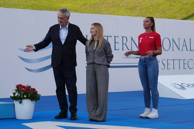 Premier Giorgia Meloni and Paolo Barelli President fin during the 62 th Trofeo Settecolli at Foro Italico in Rome, Italy Friday, June 26, 2026. - swimming .  Copyright: xGianxMattiaxD Alberto LaPressex