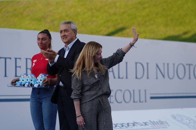 Premier Giorgia Meloni and Paolo Barelli President fin during the 62 th Trofeo Settecolli at Foro Italico in Rome, Italy Friday, June 26, 2026. - swimming .  Copyright: xGianxMattiaxD Alberto LaPressex