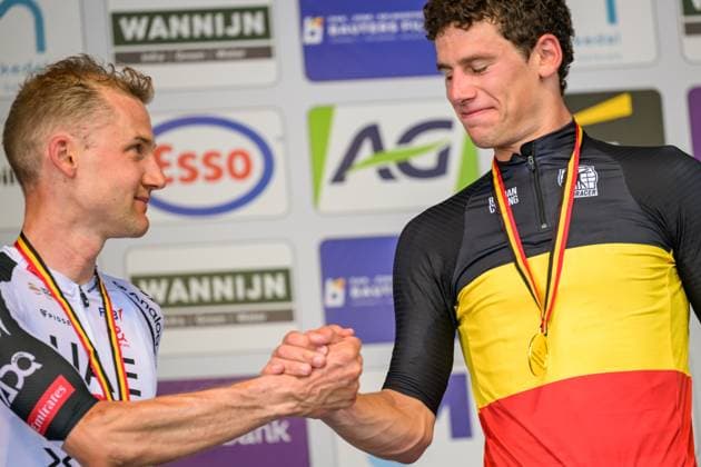 Belgian Tim Wellens of UAE Team Emirates-XRG and Belgian Alec Segaert of Bahrain Victorious pictured on the podium after the men s elite individual road time trial race (41,5km) at the Belgian Cycling Championships, in Maarkedal, on Friday 26 June 2026. DAVIDxPINTENS  x179432122x
