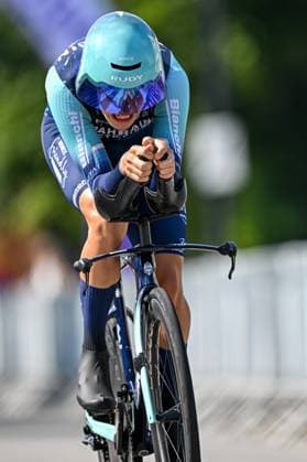 Belgian Vlad Van Mechelen of Bahrain Victorious pictured in action during the men s elite individual road time trial race (41,5km) at the Belgian Cycling Championships, in Maarkedal, on Friday 26 June 2026. DAVIDxPINTENS  x179434985x