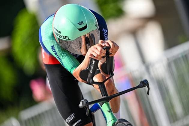 Belgian Sander De Pestel of Decathlon CMA CGM Team pictured in action during the men s elite individual road time trial race (41,5km) at the Belgian Cycling Championships, in Maarkedal, on Friday 26 June 2026. DAVIDxPINTENS  x179435062x