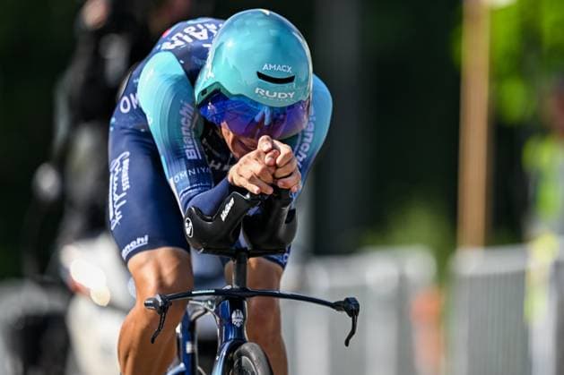 Belgian Alec Segaert of Bahrain Victorious pictured in action during the men s elite individual road time trial race (41,5km) at the Belgian Cycling Championships, in Maarkedal, on Friday 26 June 2026. DAVIDxPINTENS  x179435082x
