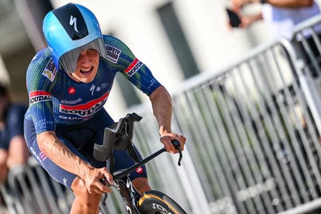 Belgian Ilan Van Wilder of Soudal Quick-Step pictured in action during the men s elite individual road time trial race (41,5km) at the Belgian Cycling Championships, in Maarkedal, on Friday 26 June 2026. DAVIDxPINTENS  x179435100x