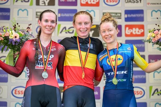 Elite Women Sandrine Tas, Elite Women Lotte Claes and Elite Women Margot Vanpachtenbeke pictured on the podium after the women s elite individual road time trial race (20,5km) at the Belgian Cycling Championships, in Maarkedal, on Friday 26 June 2026. DAVIDxPINTENS  x179435538x