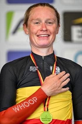 Belgian Lotte Claes of Fenix-Premier Tech pictured on the podium after the women s elite individual road time trial race (20,5km) at the Belgian Cycling Championships, in Maarkedal, on Friday 26 June 2026. DAVIDxPINTENS  x179435546x