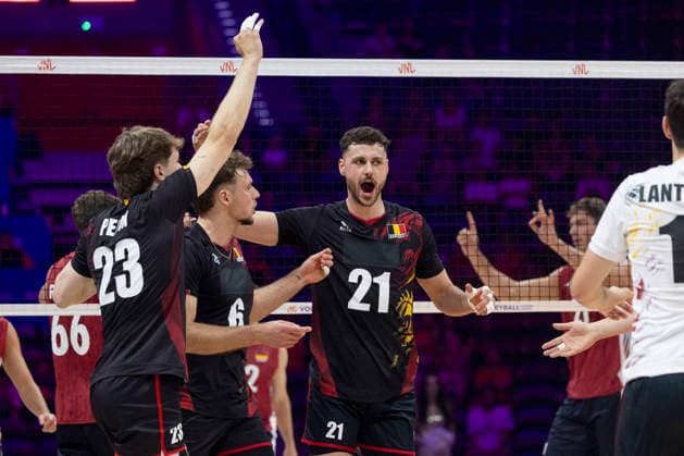 VNL Belgium - Germany 26.06.2026 volleyball, Gliwice , Arena Pre Zero , Mens Volleyball Nations League 2026 FIVB VNL (siatkowka, Liga Narodow, Belgia - Niemcy ), game , match Belgium - Germany image shows: Pierre Perin (L) Simon Plaskie (C) Samuel Fafchamps (R) photo Katarzyna Plewczynska Fotostyk Copyright: xKatarzynaxPlewczynskax 20260626KAPL3116