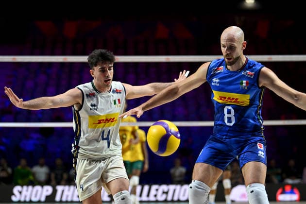 LJUBLJANA, SLOVENIA - JUNE 26: Gabriele Laurenzano (L) and Riccardo Sbertoli (R) of Italy during the FIVB Men s Volleyball Nations League match between Brazil and Italy at Arena Stozice, Ljubljana on June 26, 2026 in Ljubljana, Slovenia. (Photo by Igor Kupljenik Sports Press Photo).  Copyright: xIgorxKupljenikx xSPPx Sportspressphoto_SPR177543