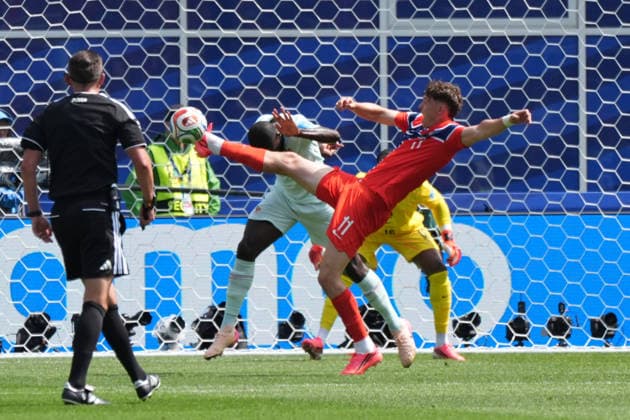 Jorgen Strand Larsen (Norwegen, Norway, 11) mit einer Chance - Boston 26.06.2026: Frankreich vs. Norwegen, Gilette Stadium, World Cup 26 Gruppe I, 3. Spieltag *** Jorgen Strand Larsen, Norway, 11 with a chance; Boston, June 26, 2026; France vs. Norway, Gilette Stadium, World Cup Group I, Matchday 3