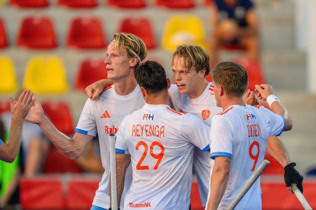 WAVER, 26-06-2026, Belfius Hockey Arena, FIH Hockey Pro League Men, Season 2025-2026. Joep de Mol, Tijmen Reyenga, Jip Janssen and Koen Bijen celebrating the goal scored during the game Netherlands - Australia (men; 2nd match). Netherlands - Australia (men; 2nd match)  x204667926x Copyright: