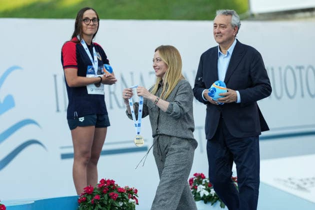 The Prime Minister Giorgia Meloni and Paolo Barelli, President of Italian Swimming Federation, present the awards for the 50m Backstroke Women Final during the 62nd Settecolli swimming meeting at Stadio del Nuoto in Rome (Italy), June 26, 2026. antoniettaxbaldassarre