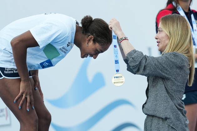 The Prime Minister Giorgia Meloni presents the awards for the 50m Backstroke Women Final during the 62nd Settecolli swimming meeting at Stadio del Nuoto in Rome (Italy), June 26, 2026. antoniettaxbaldassarre