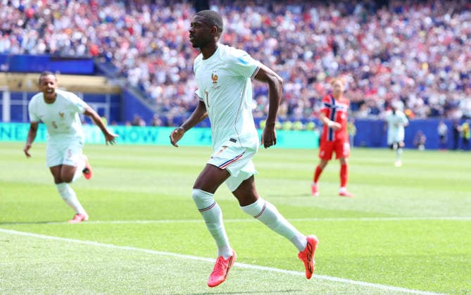 Foxborough, USA, 26th June 2026. Ousmane Dembele of France celebrates after scoring to make it 1-0 during the Norway vs France FIFA World Cup, WM, Weltmeisterschaft, Fussball match at Gillette Stadium, Foxborough. Picture credit should read: Paul Terry Sportimage EDITORIAL USE ONLY. No use with unauthorised audio, video, data, fixture lists, club league logos or live services. Online in-match use limited to 120 images, no video emulation. No use in betting, games or single club league player publications. SPI_048_PT_Norway_France SPI-4842-0048