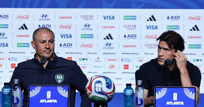 FIFA World Cup, WM, Weltmeisterschaft, Fussball 2026 - Uzbekistan press conference, PK, Pressekonferenz Uzbekistan™s national soccer team head coach Fabio Cannavaro and player Eldor Shomurodov (R) attend a press conference in Atlanta, Georgia, USA, 26 June 2026. DR Congo will face Uzbekistan on 27 June in a FIFA World Cup 2026 group K match. ATLANTA United States  Copyright: xRONALDxWITTEKx