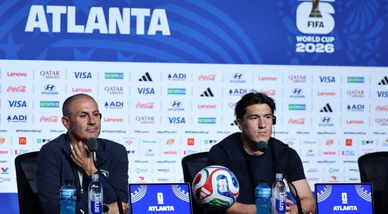 FIFA World Cup, WM, Weltmeisterschaft, Fussball 2026 - Uzbekistan press conference, PK, Pressekonferenz Uzbekistan™s national soccer team head coach Fabio Cannavaro and player Eldor Shomurodov (R) attend a press conference in Atlanta, Georgia, USA, 26 June 2026. DR Congo will face Uzbekistan on 27 June in a FIFA World Cup 2026 group K match. ATLANTA United States  Copyright: xRONALDxWITTEKx