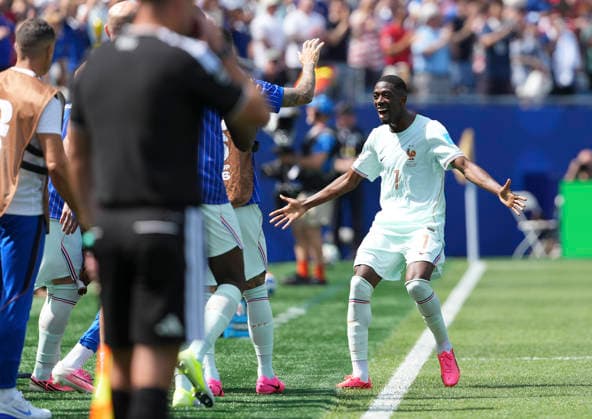 (260627) -- BOSTON, June 27, 2026 -- Ousmane Dembele (R) of France celebrates a goal during the group I match between Norway and France at the 2026 FIFA World Cup, WM, Weltmeisterschaft, Fussball at Boston Stadium in Boston, the United States, June 26, 2026. ) (SP)U.S.-BOSTON-FOOTBALL-FIFA WORLD CUP-GROUP I-NOR VS FRA HuangxZongzhi 