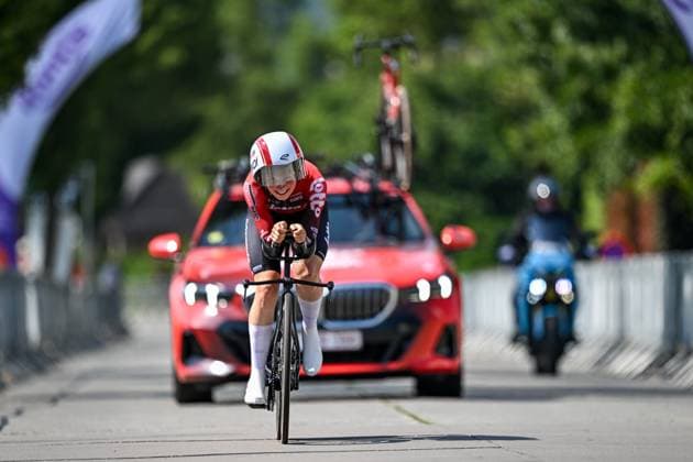 Elite Women Ilken Seynave pictured in action during the women s elite individual road time trial race (20,5km) at the Belgian Cycling Championships, in Maarkedal, on Friday 26 June 2026. DAVIDxPINTENS  x179444966x