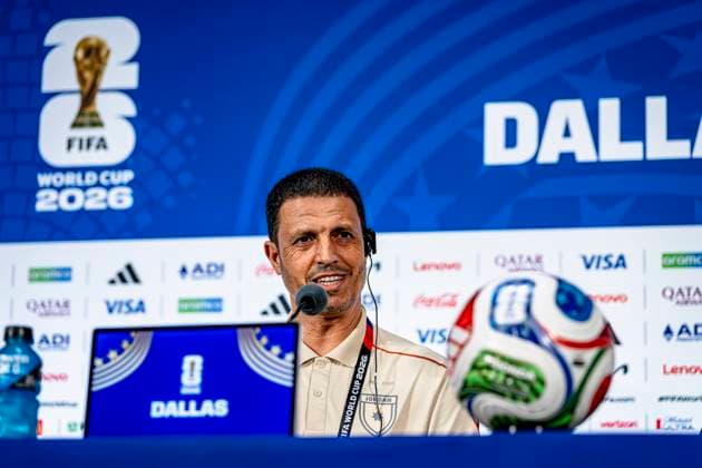 DALLAS - Head coach Jamal Sellami of the Jordan team during the 2026 World Cup, Jordan MD-1 press conference, PK, Pressekonferenz at AT&T Stadium on June 26, 2026, in Dallas, United States. (Photo by Stefan Koops EYE4IMAGES DeFodi Images) - *** DALLAS: Head coach Jamal Sellami of the Jordanian team during the 2026 World Cup, Jordan MD 1 press conference at AT&T Stadium on June 26, 2026, in Dallas, United States. Photo by Stefan Koops, EYE4IMAGES, DeFodi Images