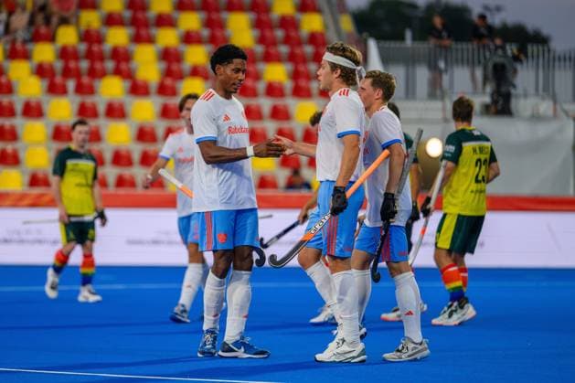 WAVER, 26-06-2026, Belfius Hockey Arena, FIH Hockey Pro League Men, Season 2025-2026. Terrance Pieters and Derck de Vilder celebrating the goal scored during the game Netherlands - Australia (men; 2nd match). Netherlands - Australia (men; 2nd match)  x204670400x Copyright: