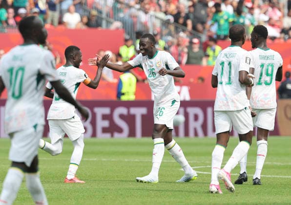 (260627) -- TORONTO, June 27, 2026 -- Senegal s Pape Gueye (C) celebrates a goal with teammates during the group I match between Senegal and Iraq at the 2026 FIFA World Cup, WM, Weltmeisterschaft, Fussball at Toronto Stadium in Toronto, Canada, June 26, 2026. (Photo by Xinhua) (SP)CANADA-TORONTO-FOOTBALL-FIFA WORLD CUP-GROUP I-SEN VS IRQ ZouxZheng 