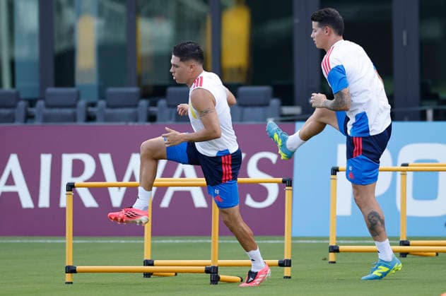 Juan Fernando Quintero (L) and James Rodriguez of Colombia in action during a training session during a training session in preparation for facing Portugal in the FIFA World Cup, WM, Weltmeisterschaft, Fussball 2026 at Inter Miami CF Stadium in Fort Lauderdale, USA, 26 June 2026. FIFA World Cup 2026 - Colombia training !ACHTUNG: NUR REDAKTIONELLE NUTZUNG!  Copyright: xAlbertoxEstevezx GR5537 20260626-55020723772_1