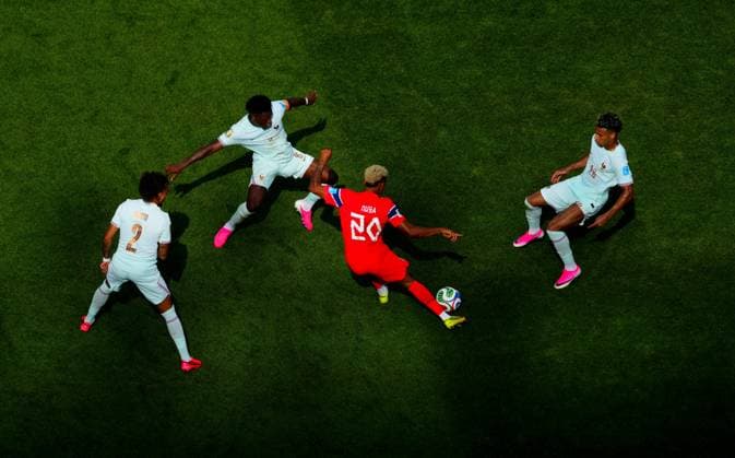Antonio Nusa of Norway watched by Malo Gusto, Aurelien Tchouameni and Desire Doue of France Norway v France, 2026 FIFA World Cup, WM, Weltmeisterschaft, Fussball Group I, Football, Boston Stadium, Foxborough, Massachusetts, USA - 26 Jun 2026Foxborough Boston Stadium Massachusetts (MA) United States of America EDITORIAL USE ONLY No use with unauthorised audio, video, data, fixture lists, club league logos or live services. Online in-match use limited to 120 images, no video emulation. No use in betting, games or single club league player publications.  Copyright: xJavierxGarcia Shutterstockx 16964347ce
