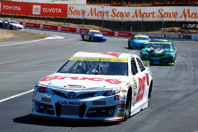 SONOMA, CA - JUNE 26: Sam Corry ( 25 Bruce Toyota) leads the first lap of the race during the General Tire 150 ARCA Menards Series West race on June 26, 2026, at Sonoma Raceway in Sonoma, CA. (Photo by Jeff Speer Sonoma Raceway Icon Sportswire) AUTO: JUN 26 ARCA Menards Series West General Tire 150 EDITORIAL USE ONLY Icon2606261977