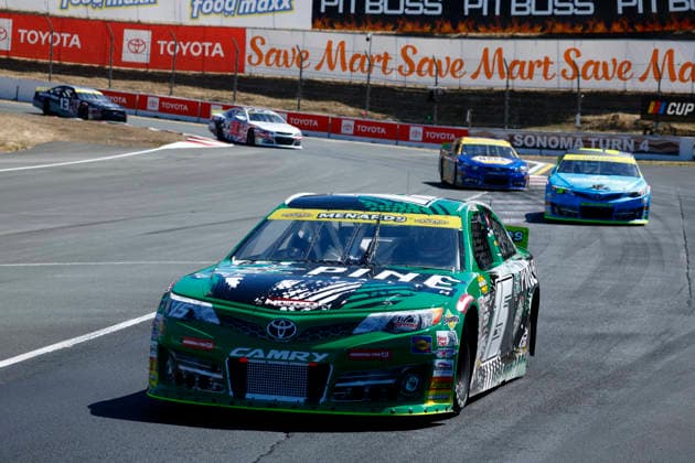 SONOMA, CA - JUNE 26: Mia Lovell ( 15 Pine Health Toyota) in second place on the opening lap during the General Tire 150 ARCA Menards Series West race on June 26, 2026, at Sonoma Raceway in Sonoma, CA. (Photo by Jeff Speer Sonoma Raceway Icon Sportswire) AUTO: JUN 26 ARCA Menards Series West General Tire 150 EDITORIAL USE ONLY Icon2606261979