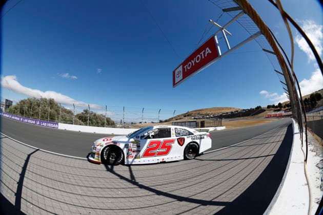 SONOMA, CA - JUNE 26: Sam Corry ( 25 Bruce Toyota) leads the race during the General Tire 150 ARCA Menards Series West race on June 26, 2026, at Sonoma Raceway in Sonoma, CA. (Photo by Jeff Speer Sonoma Raceway Icon Sportswire) AUTO: JUN 26 ARCA Menards Series West General Tire 150 EDITORIAL USE ONLY Icon2606263991