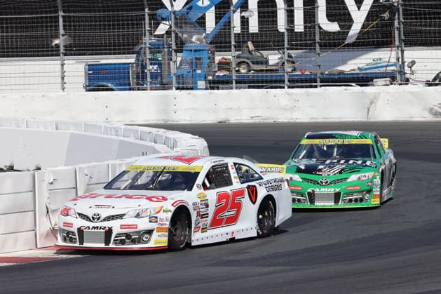 SONOMA, CA - JUNE 26: Sam Corry* ( 25 Bruce Toyota) leads Mia Lovell* ( 15 Pine Health Toyota) in turn 11 late in the race during the General Tire 150 ARCA Menards Series West race on June 26, 2026, at Sonoma Raceway in Sonoma, CA. (Photo by Marc Sanchez Sonoma Raceway Icon Sportswire) AUTO: JUN 26 ARCA Menards Series West General Tire 150 EDITORIAL USE ONLY Icon14426006264801