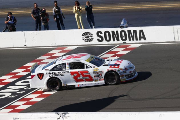 SONOMA, CA - JUNE 26: Sam Corry* ( 25 Bruce Toyota) celebrates with a burnout after winning the General Tire 150 ARCA Menards Series West race on June 26, 2026, at Sonoma Raceway in Sonoma, CA. (Photo by Marc Sanchez Sonoma Raceway Icon Sportswire) AUTO: JUN 26 ARCA Menards Series West General Tire 150 EDITORIAL USE ONLY Icon14426006264806