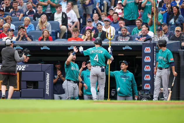 June 26, 2026: Seattle Mariners teammates congratulate shortstop Colt Emerson (4) after hitting a home run during the third inning of the Major League Baseball game between the Seattle Mariners and Cleveland Guardians at Progressive Field in Cleveland, Ohio. CSM Cleveland United States of America - ZUMAc04_ 20260626_zma_c04_240 Copyright: xBrianxFisherx