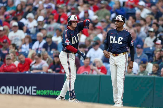 June 26, 2026: Cleveland Guardians first baseman Kyle Manzardo (9) reacts after hitting a single during the first inning of the Major League Baseball game between the Seattle Mariners and Cleveland Guardians at Progressive Field in Cleveland, Ohio. CSM Cleveland United States of America - ZUMAc04_ 20260626_zma_c04_244 Copyright: xBrianxFisherx