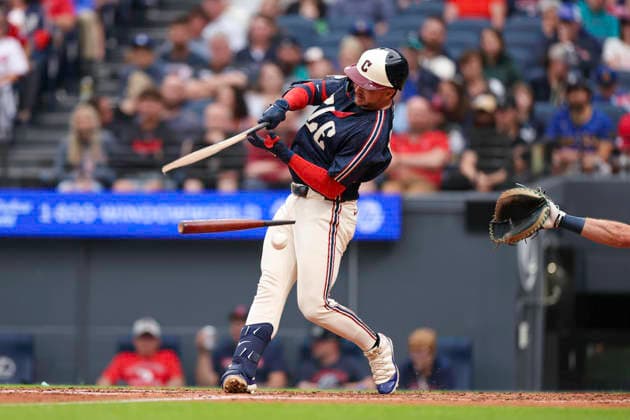 June 26, 2026: Cleveland Guardians catcher Patrick Bailey (16) breaks a bat while swinging at a pitch during the second inning of the Major League Baseball game between the Seattle Mariners and Cleveland Guardians at Progressive Field in Cleveland, Ohio. CSM Cleveland United States of America - ZUMAc04_ 20260626_zma_c04_245 Copyright: xBrianxFisherx