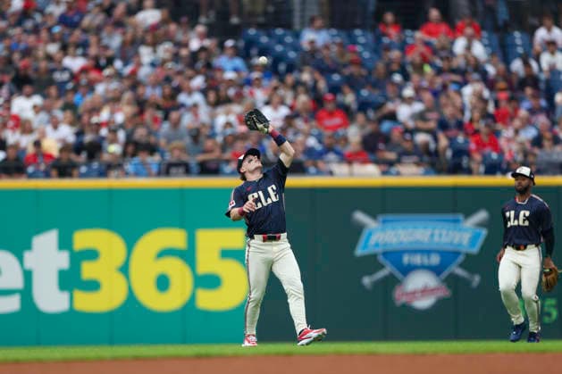 June 26, 2026: Cleveland Guardians second baseman Travis Bazzana (37) catches a fly ball for the first out in the first inning of the Major League Baseball game between the Seattle Mariners and Cleveland Guardians at Progressive Field in Cleveland, Ohio. CSM Cleveland United States of America - ZUMAc04_ 20260626_zma_c04_248 Copyright: xBrianxFisherx
