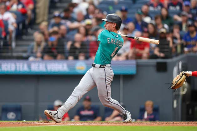 June 26, 2026: Seattle Mariners shortstop Colt Emerson (4) hits a solo home run during the third inning of the Major League Baseball game between the Seattle Mariners and Cleveland Guardians at Progressive Field in Cleveland, Ohio. CSM Cleveland United States of America - ZUMAc04_ 20260626_zma_c04_252 Copyright: xBrianxFisherx