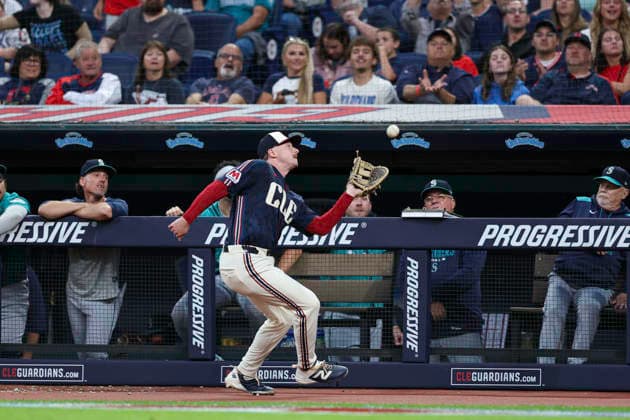 June 26, 2026: Cleveland Guardians first baseman Kyle Manzardo (9) catches a ball in foul territory for an out during the seventh inning of the Major League Baseball game between the Seattle Mariners and Cleveland Guardians at Progressive Field in Cleveland, Ohio. CSM Cleveland United States of America - ZUMAc04_ 20260626_zma_c04_265 Copyright: xBrianxFisherx
