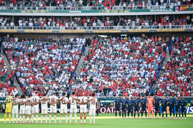 Players and officials observe a minute of silence before kick off for the victims of an earthquake in Velezuela prior to the FIFA Men’s World Cup 2026 Group Stage football match between Uruguay and Spain at Guadalajara Stadium, in Guadalajara on June 26th 2026 (Photo by Nayra Halm SPP)  Copyright: xNayraxHalm SPPx Sportspressphoto_SPR177892