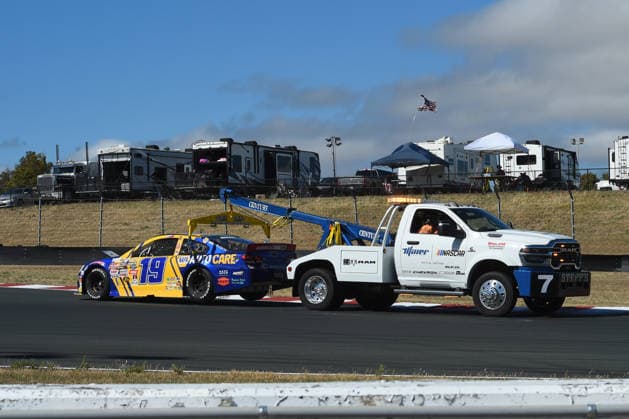 SONOMA, CA JUNE 26: Mason Massey ( 19 NAPA Auto Care Chevrolet) is towed off the track from turn 7 during the ARCA Menards Series West General Tire 150 on June 26, 2026, at Sonoma Raceway in Sonoma, CA. (Photo by Chris Williams Sonoma Raceway Icon Sportswire) AUTO: JUN 26 ARCA Menards Series West General Tire 150 EDITORIAL USE ONLY Icon0072606260146