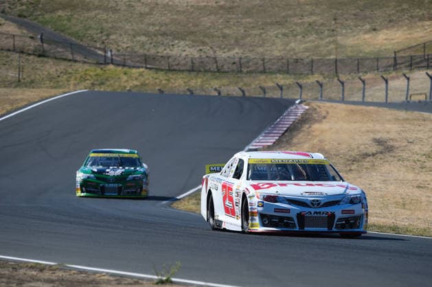 SONOMA, CA JUNE 26: Sam Corry ( 25 Bruce Toyota) leads Mia Lovell ( 15 Pine Health Toyota) through the esses during the ARCA Menards Series West General Tire 150 on June 26, 2026, at Sonoma Raceway in Sonoma, CA. (Photo by Chris Williams Sonoma Raceway Icon Sportswire) AUTO: JUN 26 ARCA Menards Series West General Tire 150 EDITORIAL USE ONLY Icon0072606260153
