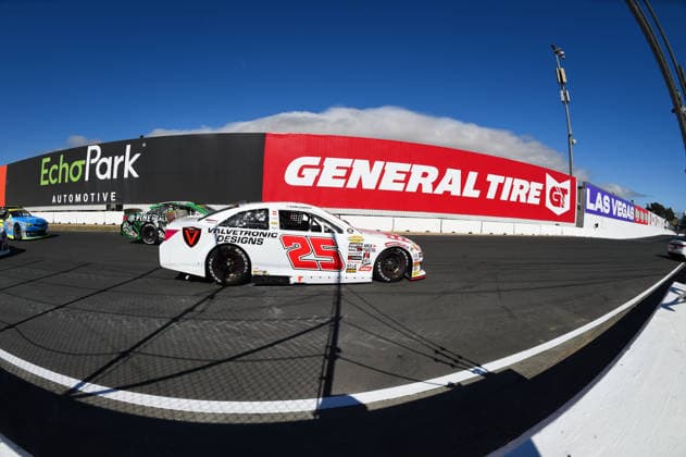 SONOMA, CA JUNE 26: Sam Corry ( 25 Bruce Toyota) leads the field under the General Tire billboard during the ARCA Menards Series West General Tire 150 on June 26, 2026, at Sonoma Raceway in Sonoma, CA. (Photo by Chris Williams Sonoma Raceway Icon Sportswire) AUTO: JUN 26 ARCA Menards Series West General Tire 150 EDITORIAL USE ONLY Icon0072606260154