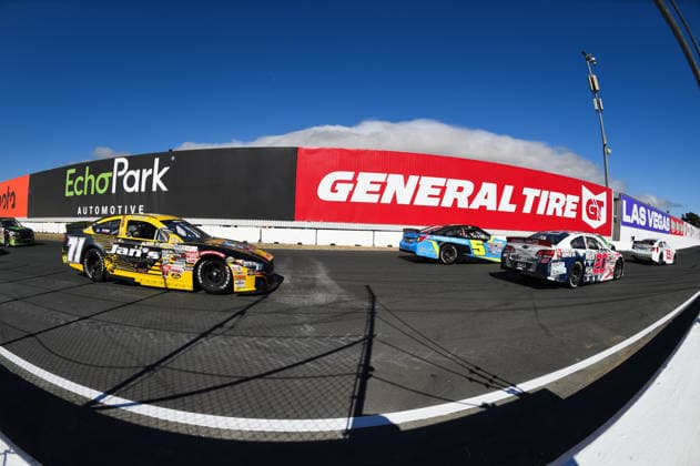 SONOMA, CA JUNE 26: Sam Corry ( 25 Bruce Toyota) leads the field under the General Tire billboard during the ARCA Menards Series West General Tire 150 on June 26, 2026, at Sonoma Raceway in Sonoma, CA. (Photo by Chris Williams Sonoma Raceway Icon Sportswire) AUTO: JUN 26 ARCA Menards Series West General Tire 150 EDITORIAL USE ONLY Icon0072606260156