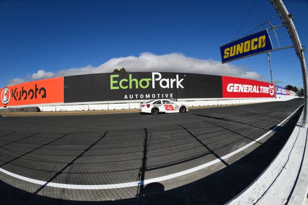 SONOMA, CA JUNE 26: Sam Corry ( 25 Bruce Toyota) drives under the EchoPark billboard during the ARCA Menards Series West General Tire 150 on June 26, 2026, at Sonoma Raceway in Sonoma, CA. (Photo by Chris Williams Sonoma Raceway Icon Sportswire) AUTO: JUN 26 ARCA Menards Series West General Tire 150 EDITORIAL USE ONLY Icon0072606260160